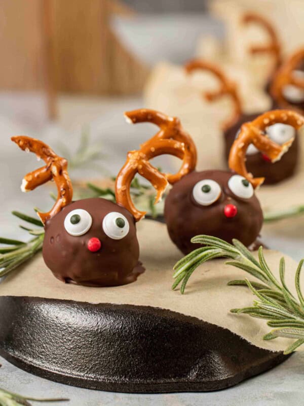 Close up Reindeer Peanut Butter Balls with Rice Krispies
