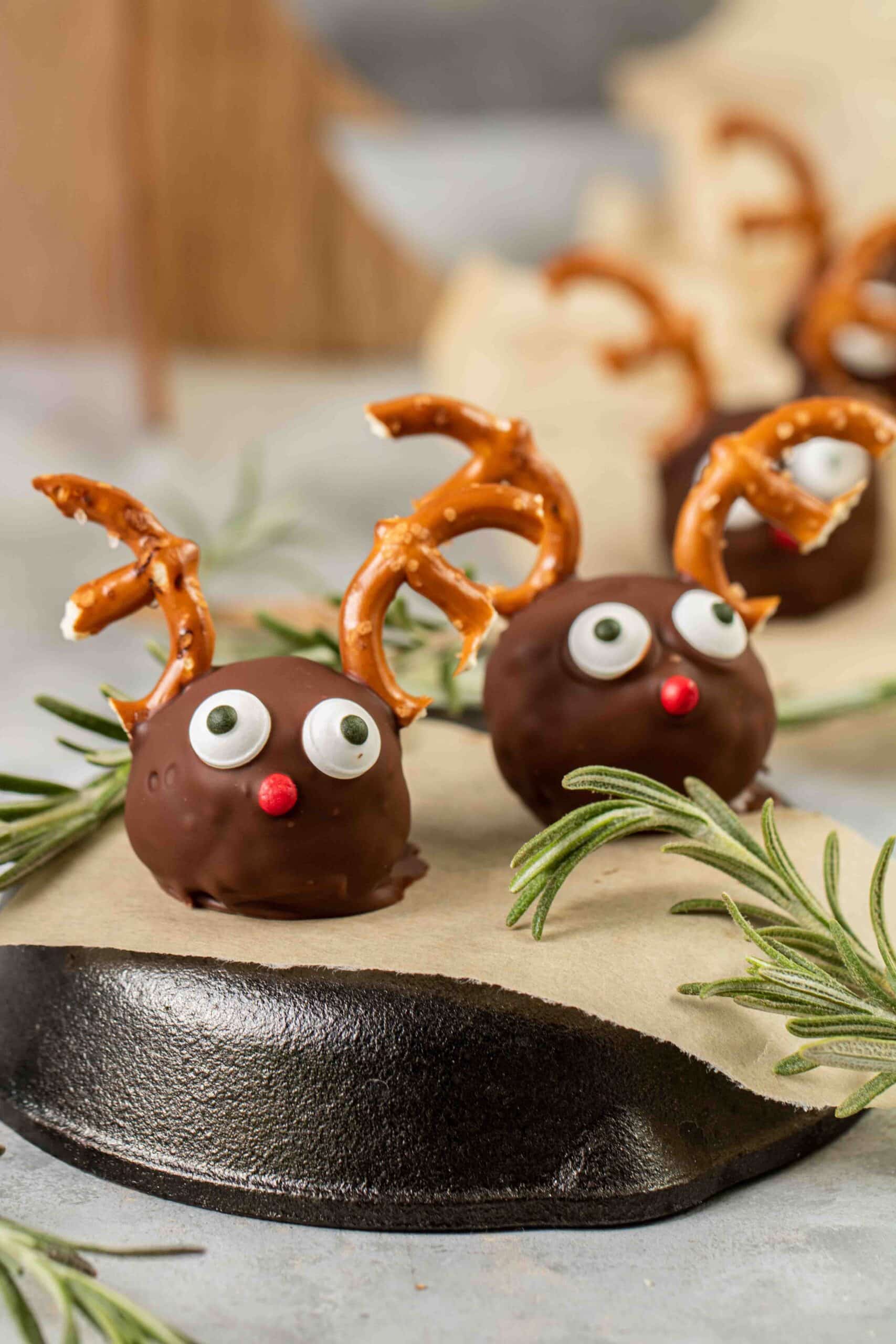 Close up Reindeer Peanut Butter Balls with Rice Krispies