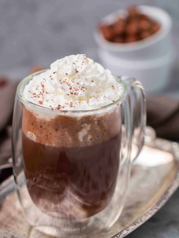Vegan hazelnut hot chocolate with whipped cream