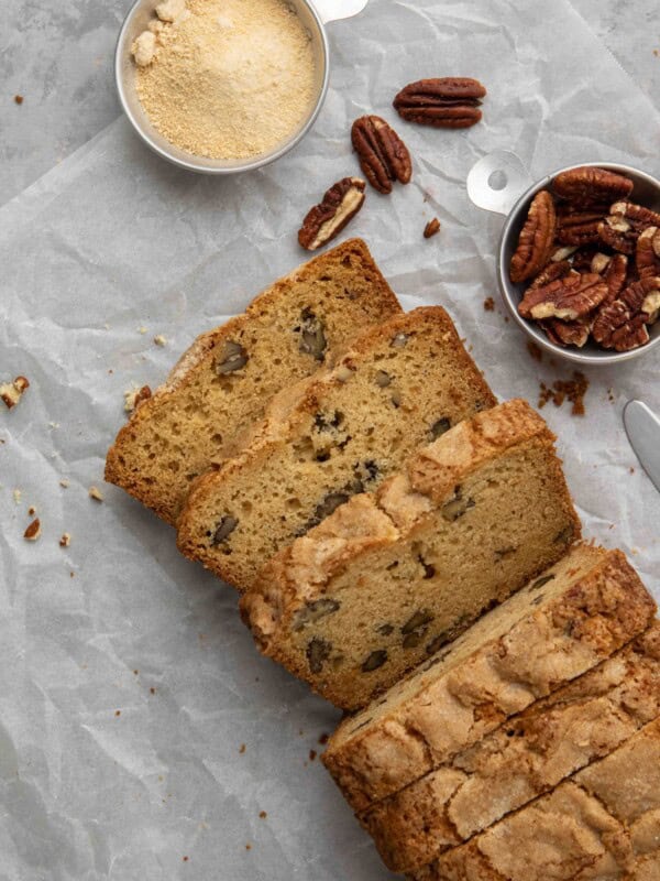 overhead shot of maple pecan bread sliced