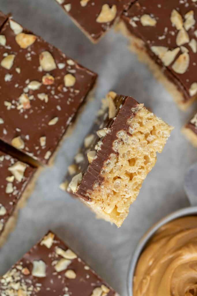 close up of rice krispie treats with chocolate.
