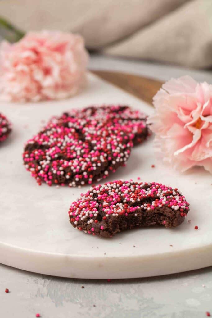 Chewy Valentine's day chocolate crinkle cookies with sprinkles