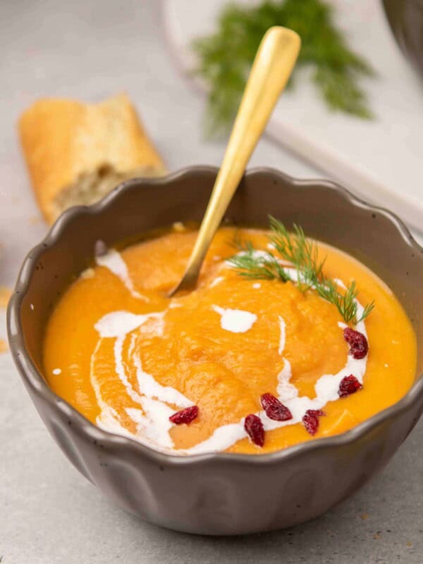 overhead shot of creamy sweet potato soup