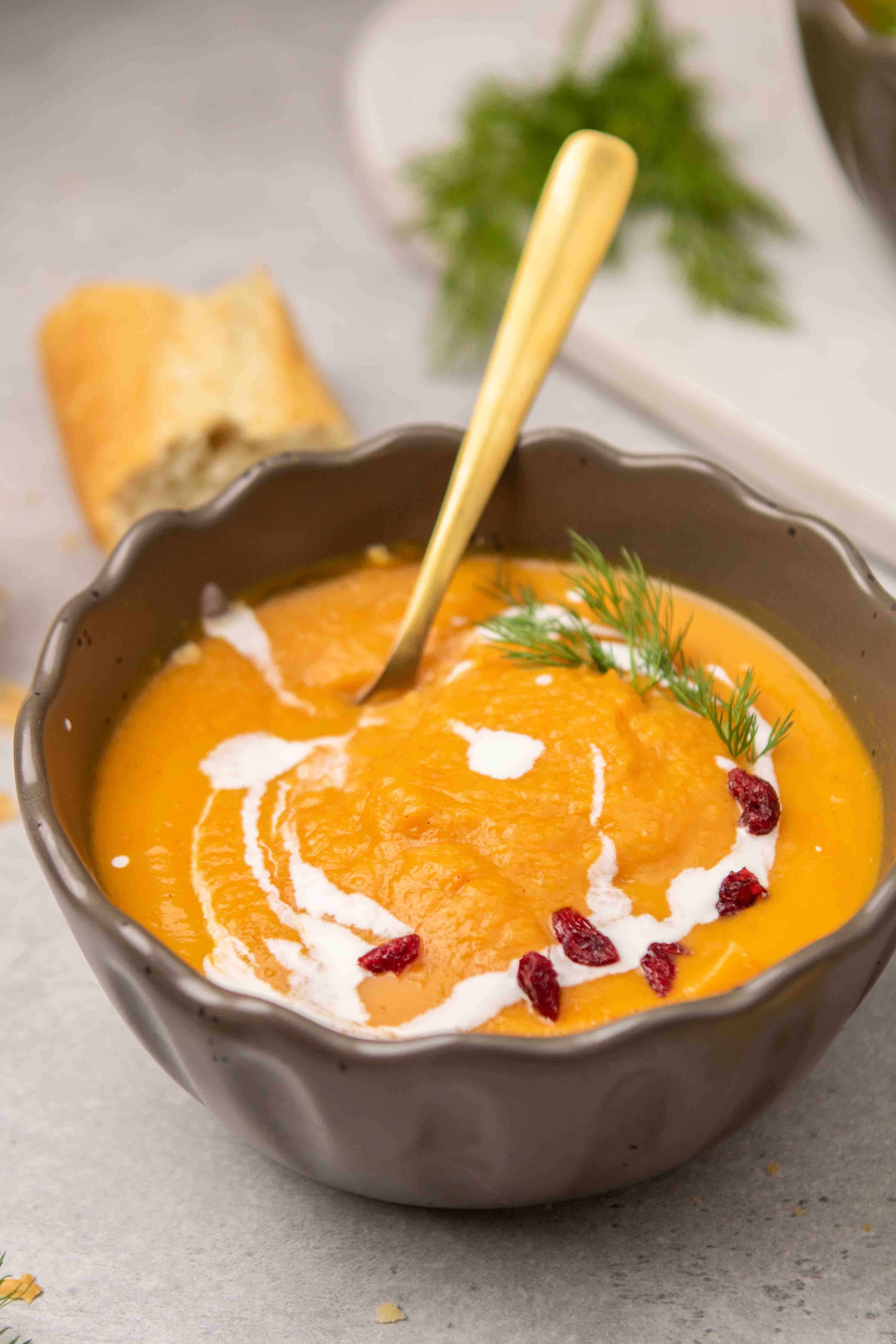 overhead shot of creamy sweet potato soup