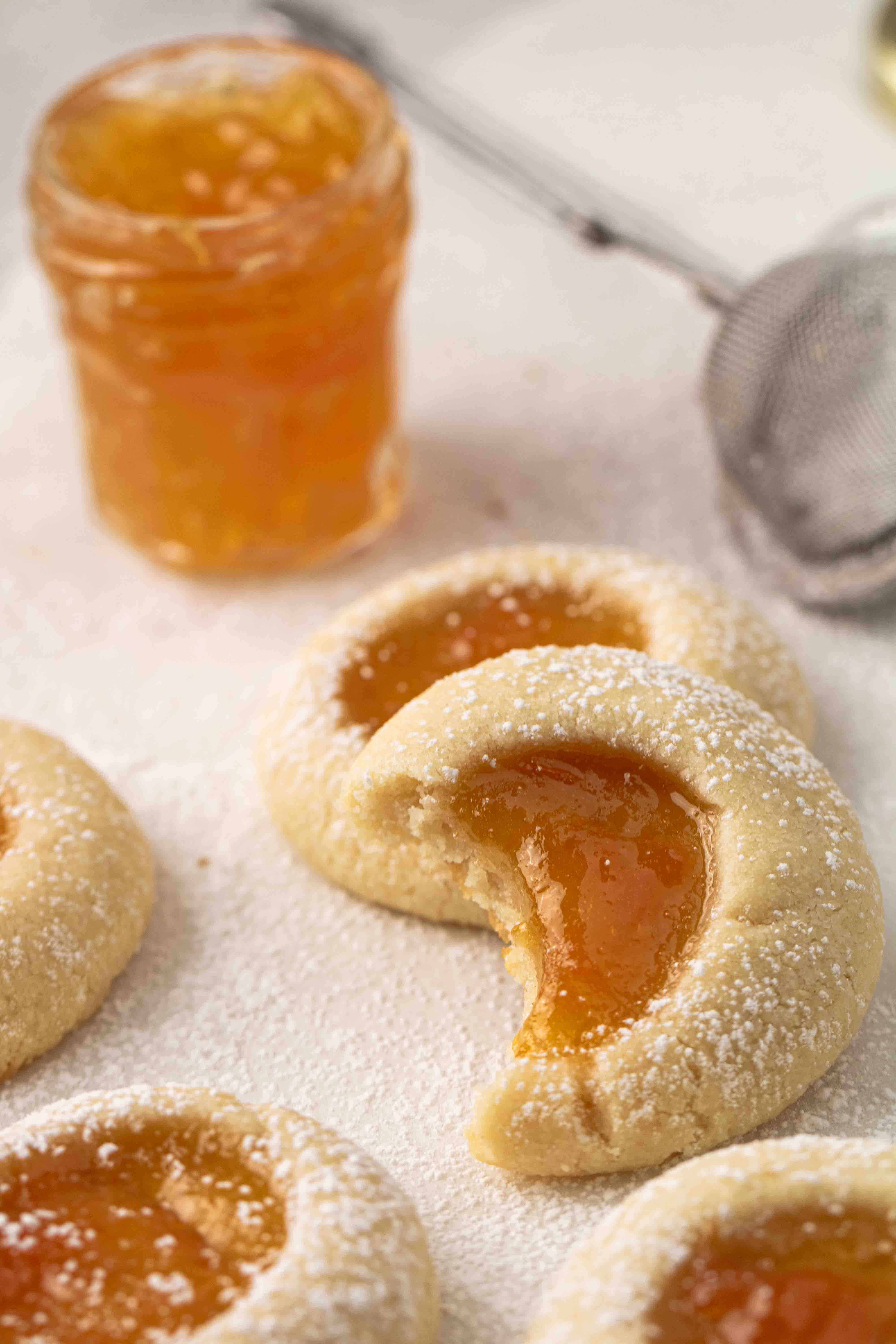 Apricot jam filled thumbprint cookies