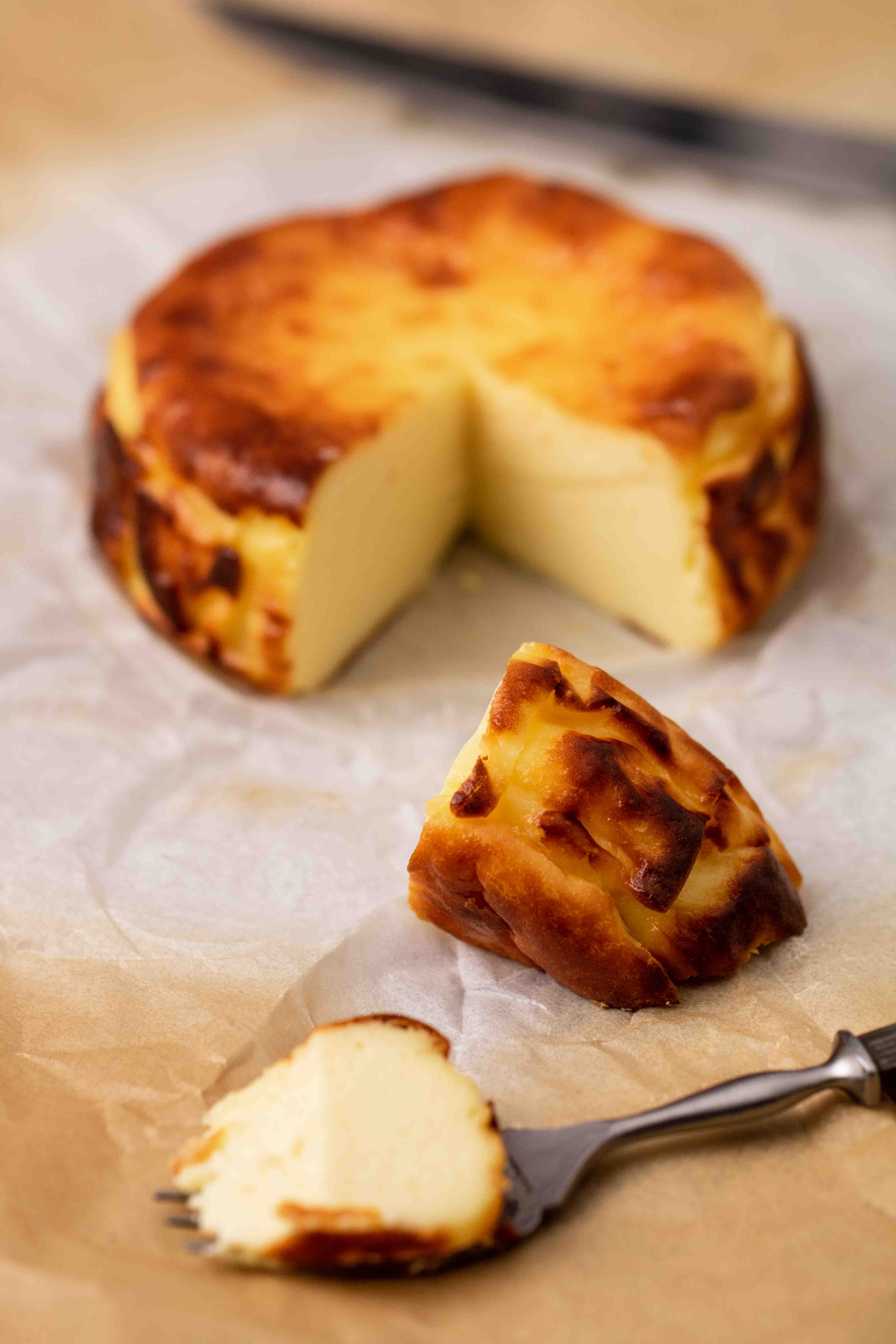 small burnt basque cheesecake on a fork