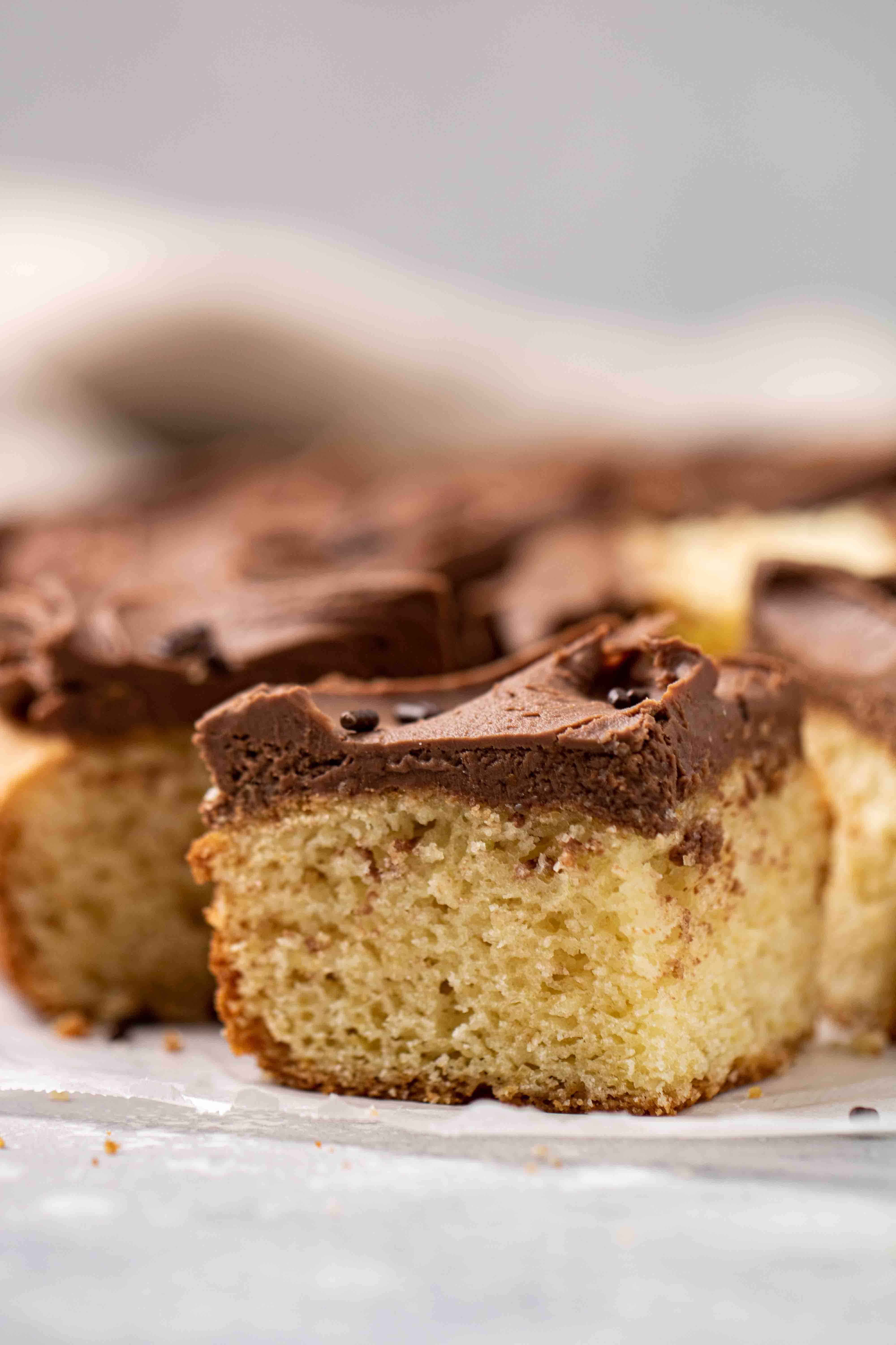 Slice of boxed pancake cake with chocolate frosting