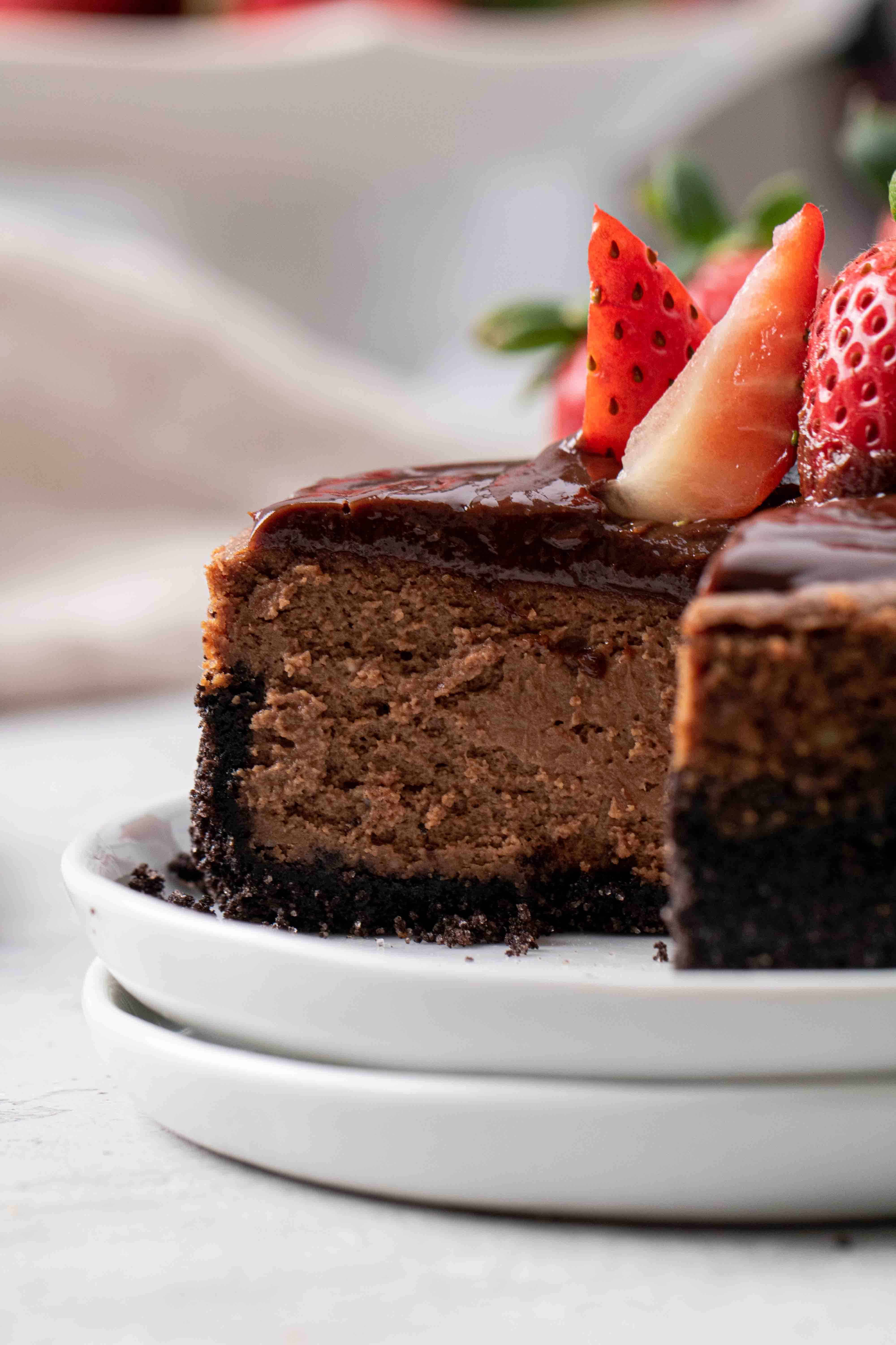 Strawberry topping on chocolate cheesecake