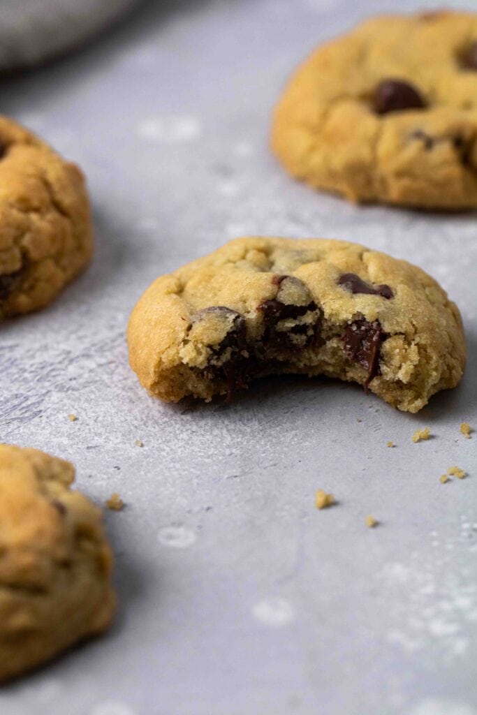 Soft and chewy air fryer chocolate chip cookie with a gooey melted chocolate center