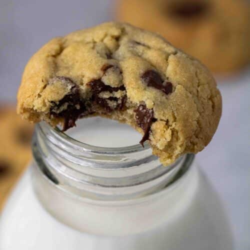 Close up of chocolate chip cookie on a milk bottle