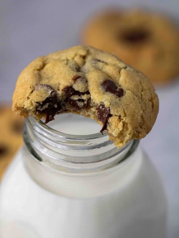 Close up of chocolate chip cookie on a milk bottle