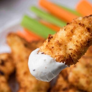 Air fryer chicken tenders dipped in ranch