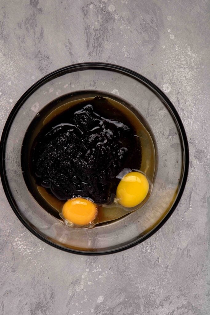 Mix in the eggs and oil