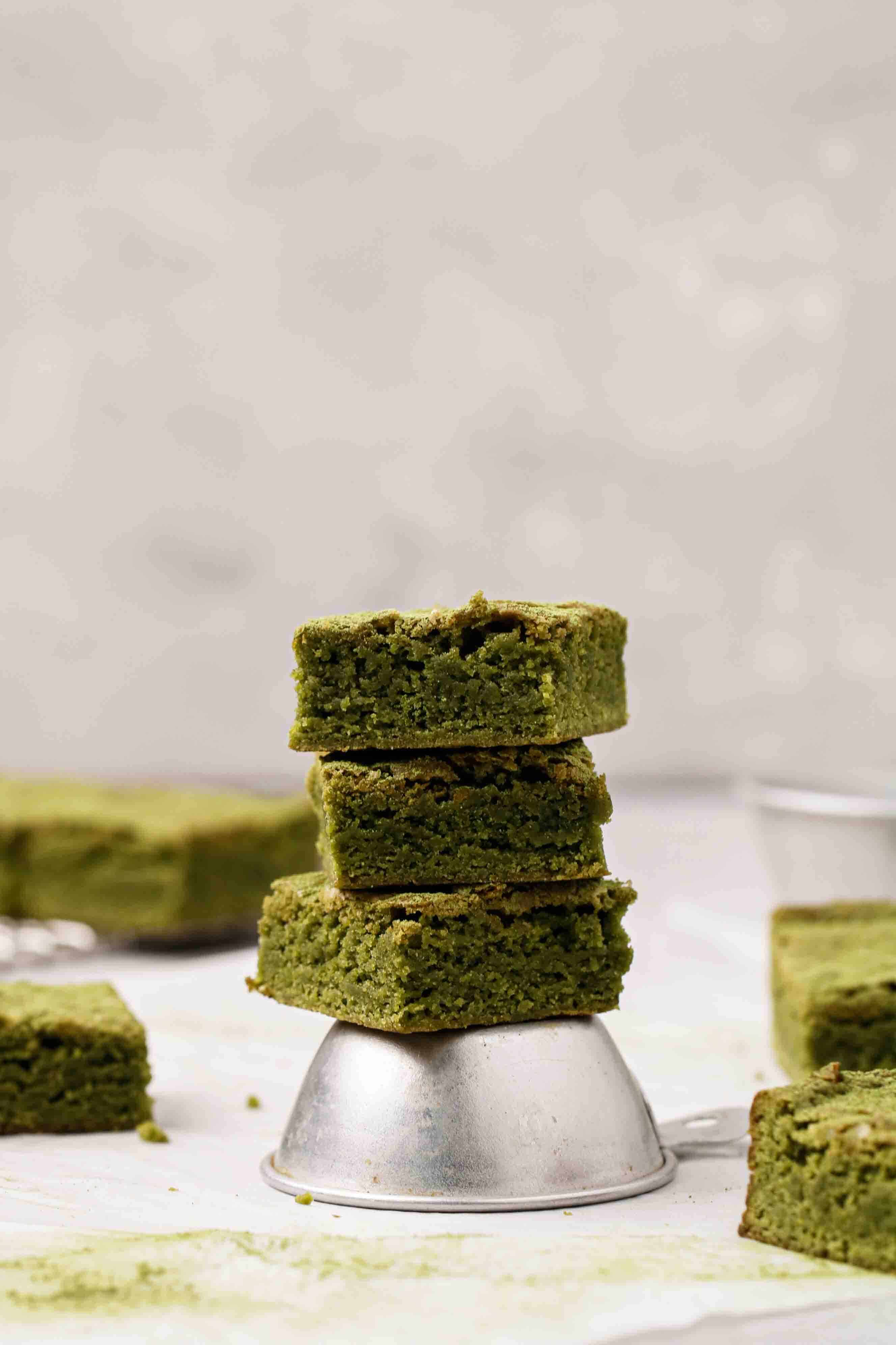 matcha brownie slices stacked