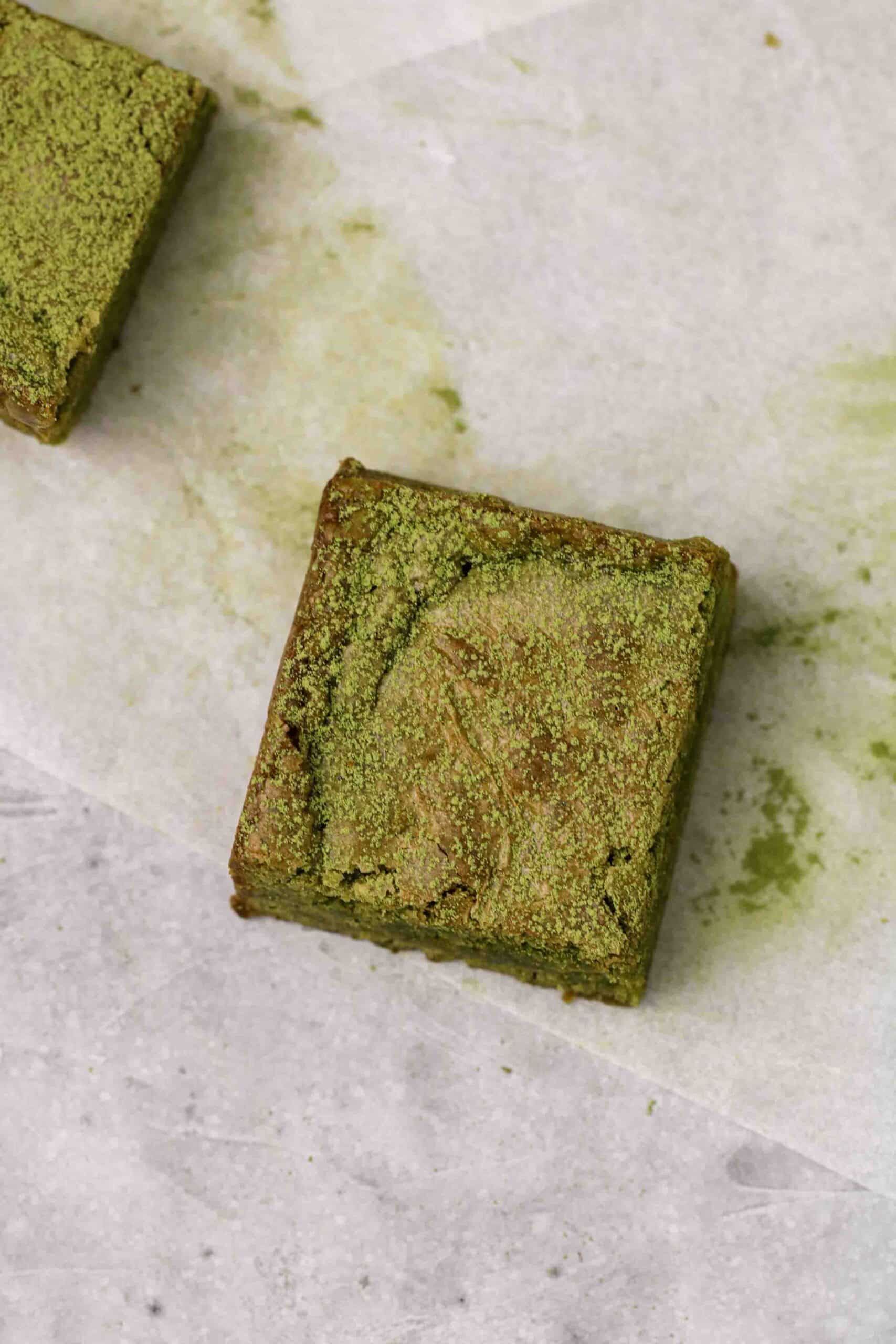 Overhead edge matcha brownie piece