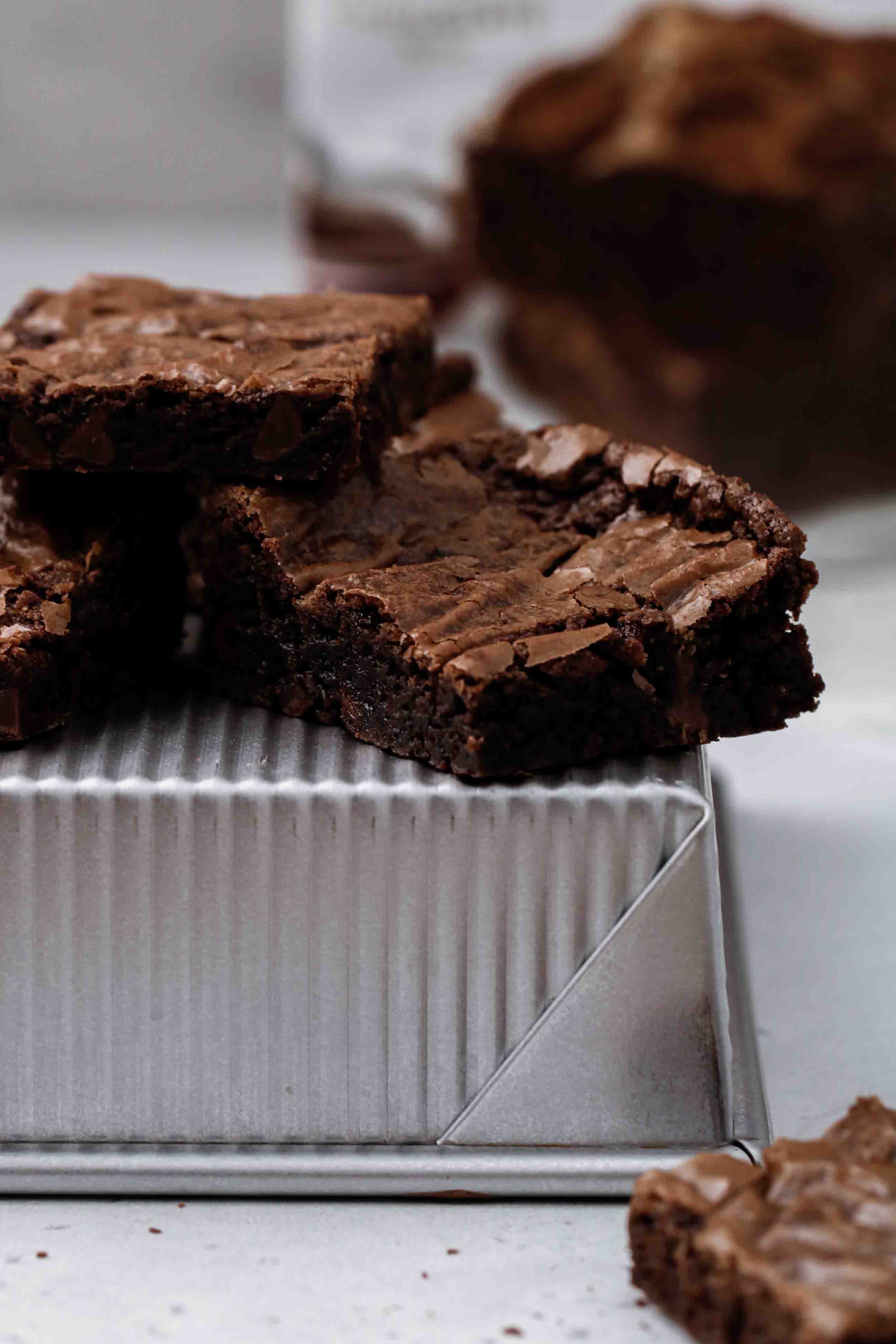 Close up of boxed brownie with chocolate chips