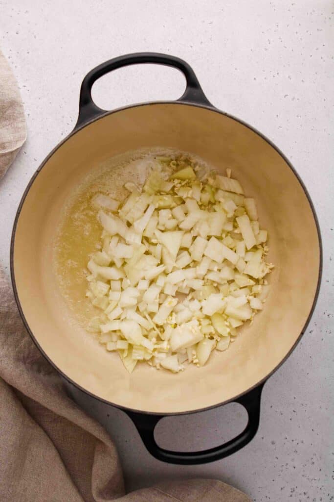 Sautee the onion and garlic in olive oil and butter