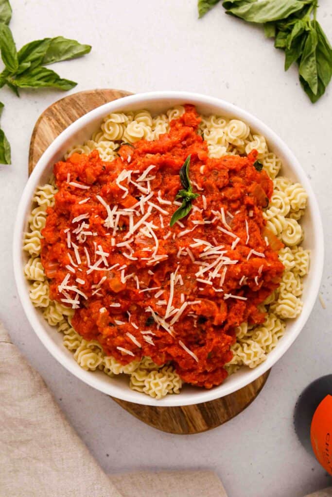 Overhead shot os pasta with marinara sauce