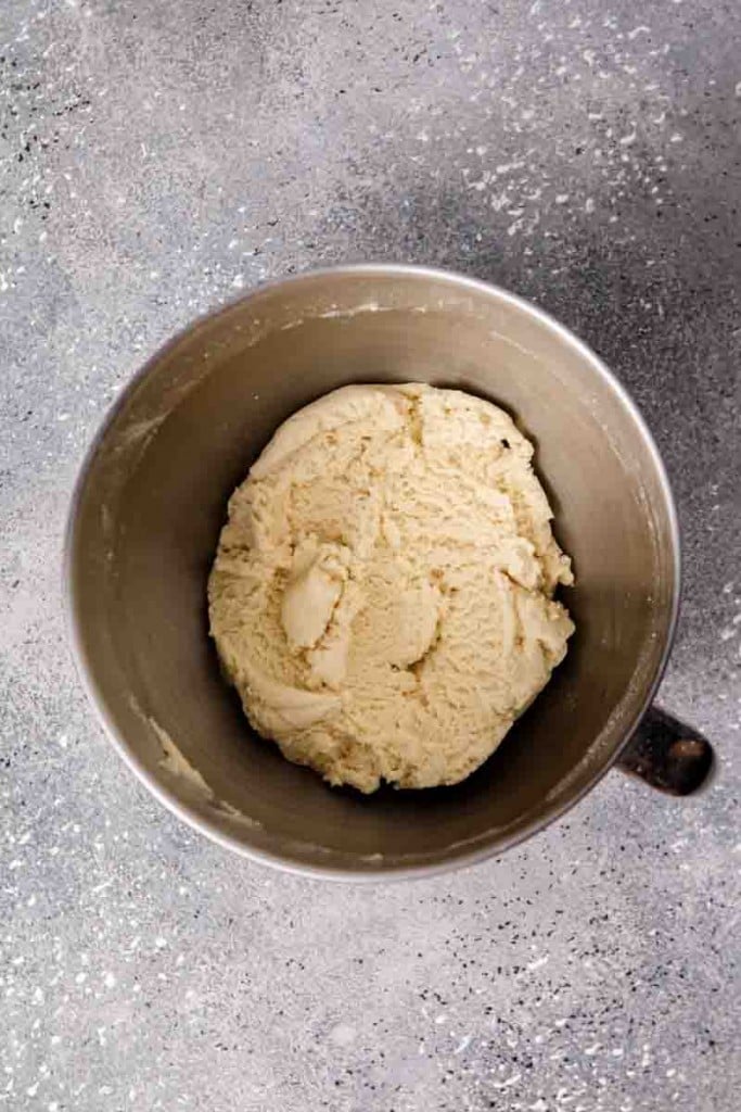 Sugar cookie dough in a mixing bowl