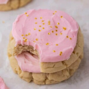 Crumbl sugar cookies stacked