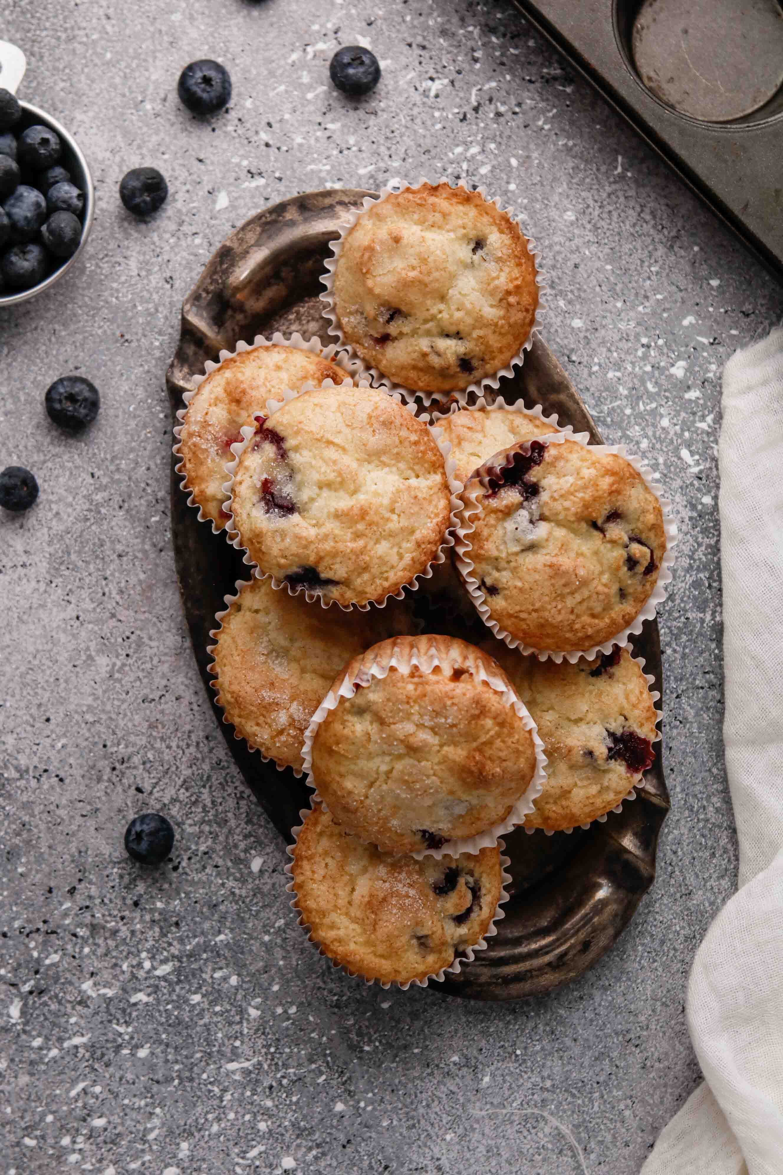 Overhead shot of blueberry pancake mix muffins