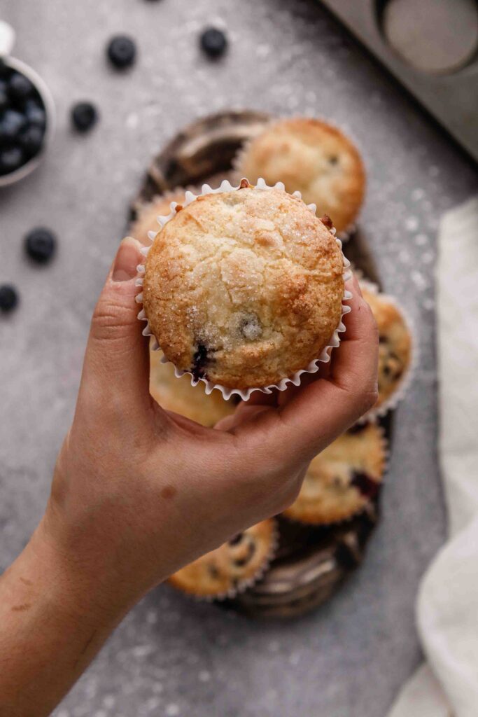 Hand holding pancake mix blueberry muffin