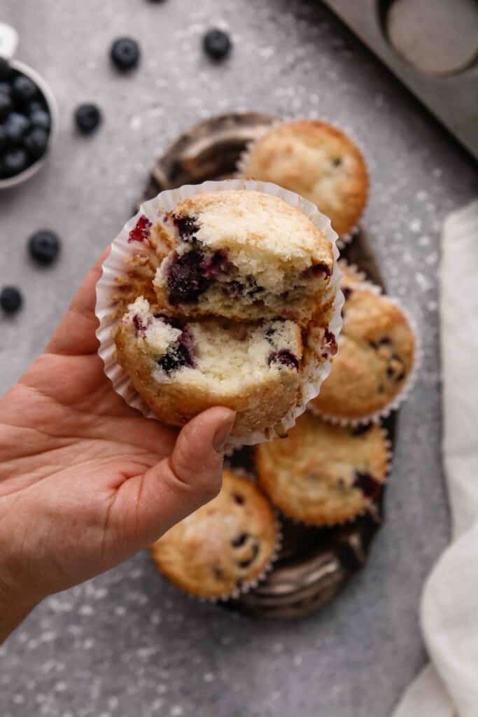 Hand holding pancake mix blueberry muffin