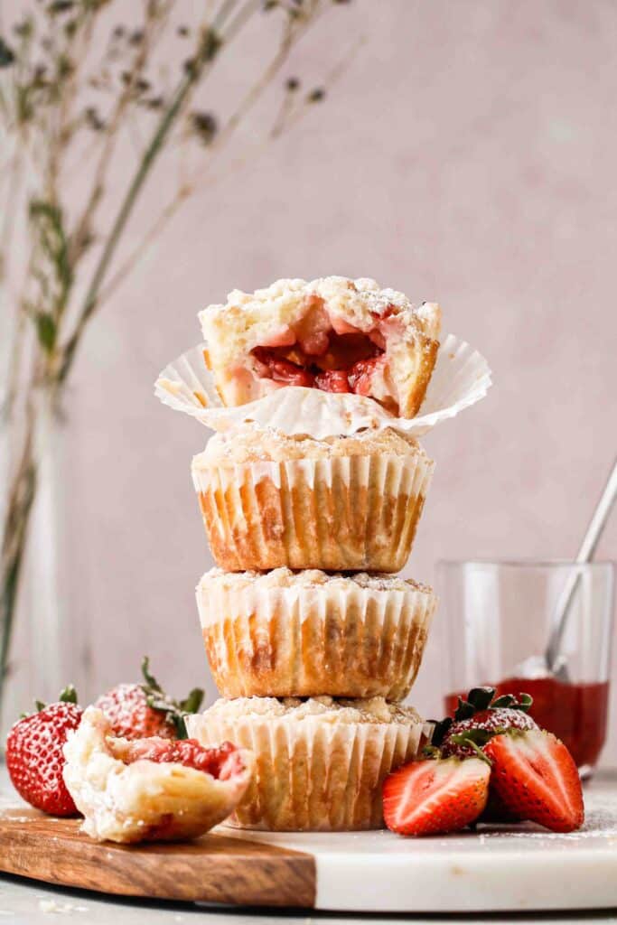 Stack of strawberry stuffed muffins