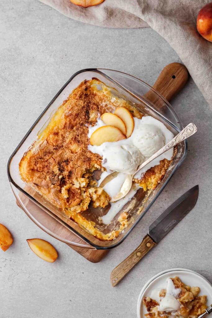 overhead shot of cake mix cobbler with ice cream 