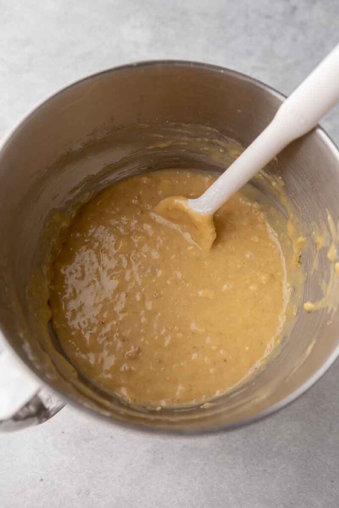 banana bread batter in mixing bowl