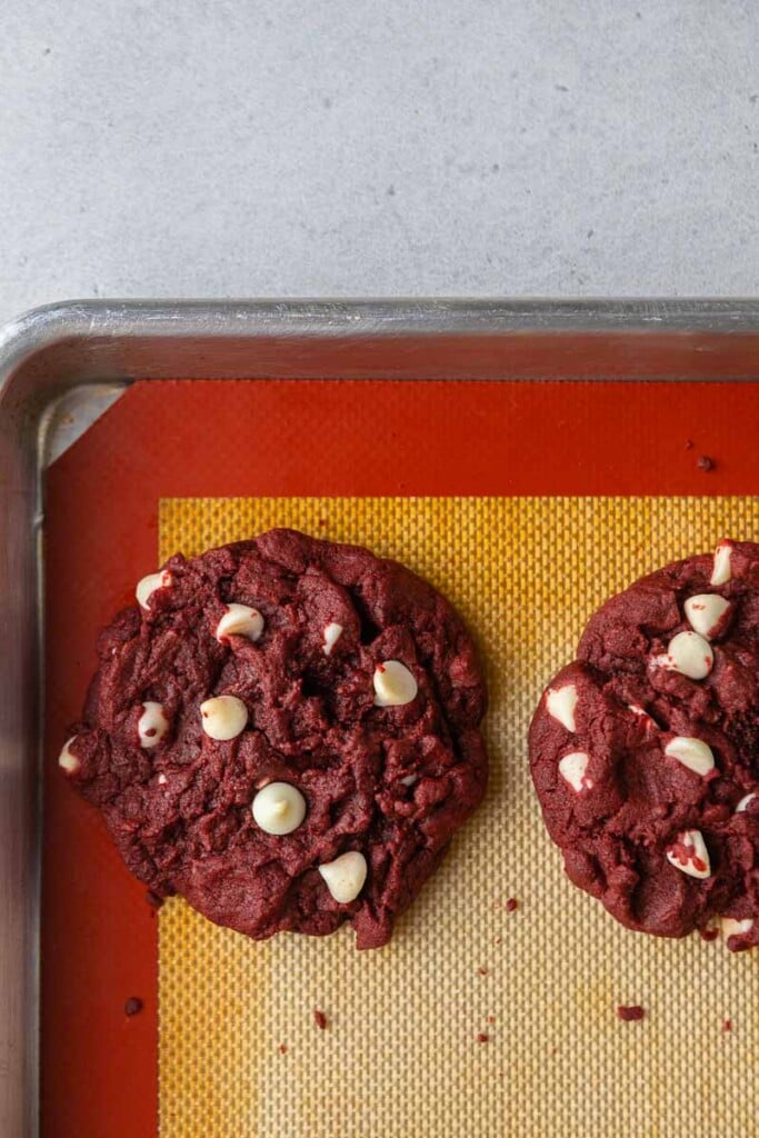 Red velvet cookies on baking sheet