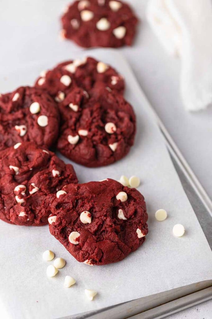 CRUMBL Red Velvet White Chip Cookies on a baking sheet