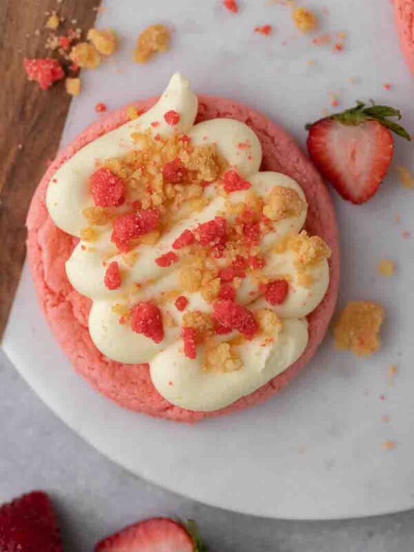 Overhead shot of crumbl strawberry shortcake cookies