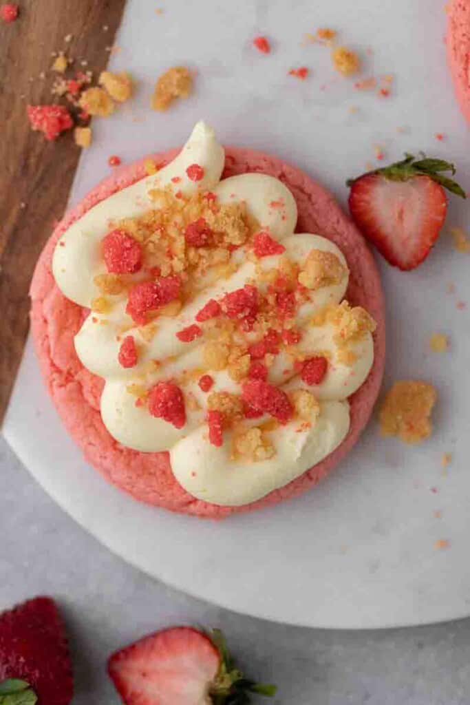 Overhead shot of crumbl strawberry shortcake cookies