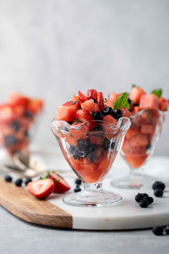 Watermelon berry fruit salad in a Sunday cup