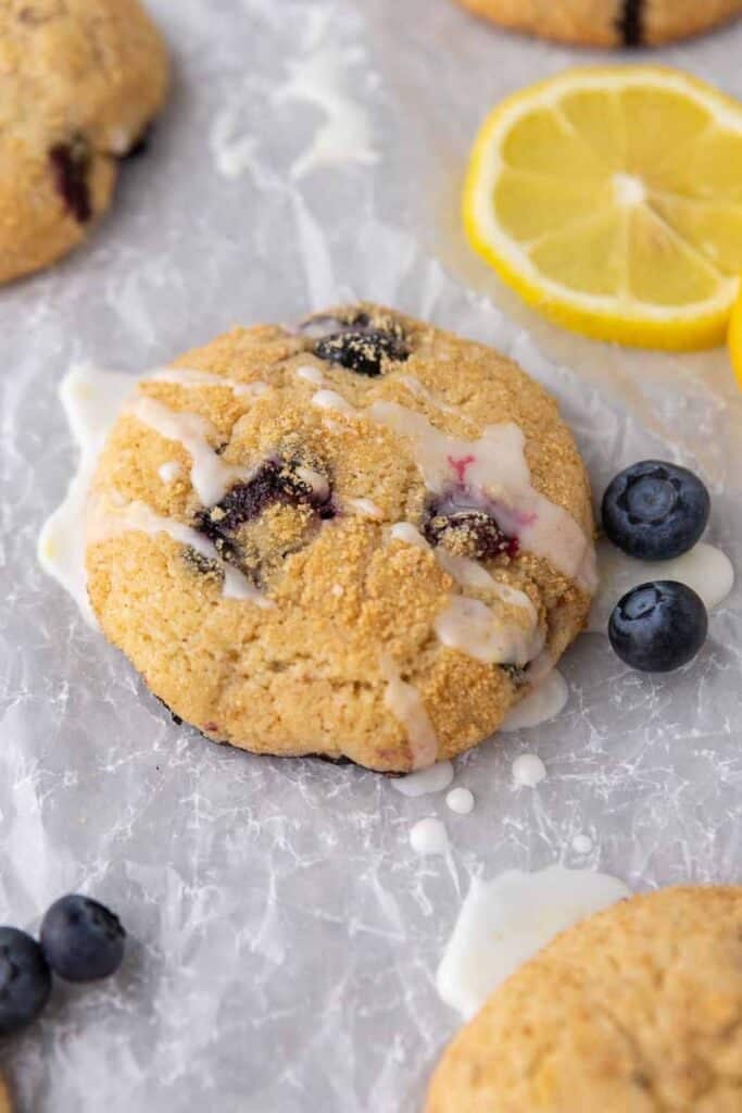 Close up of blueberry crumb cake cookies from crumbl
