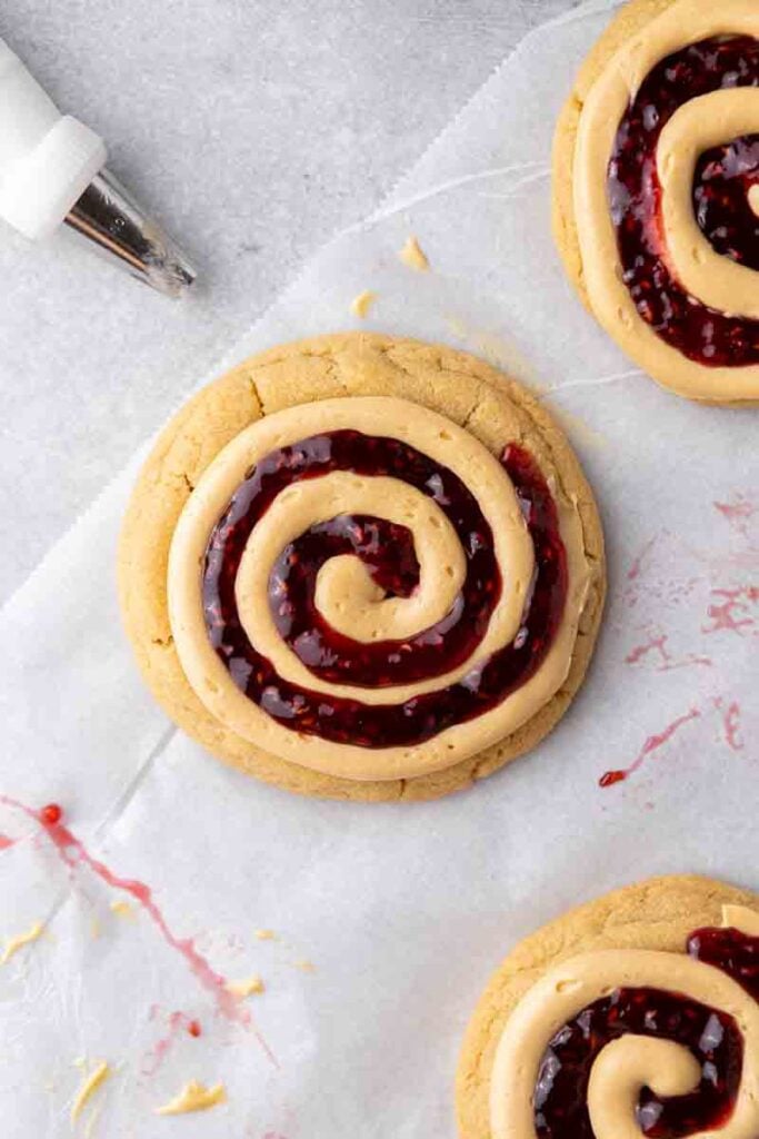Overhead shot of peanut butter and jelly cookies