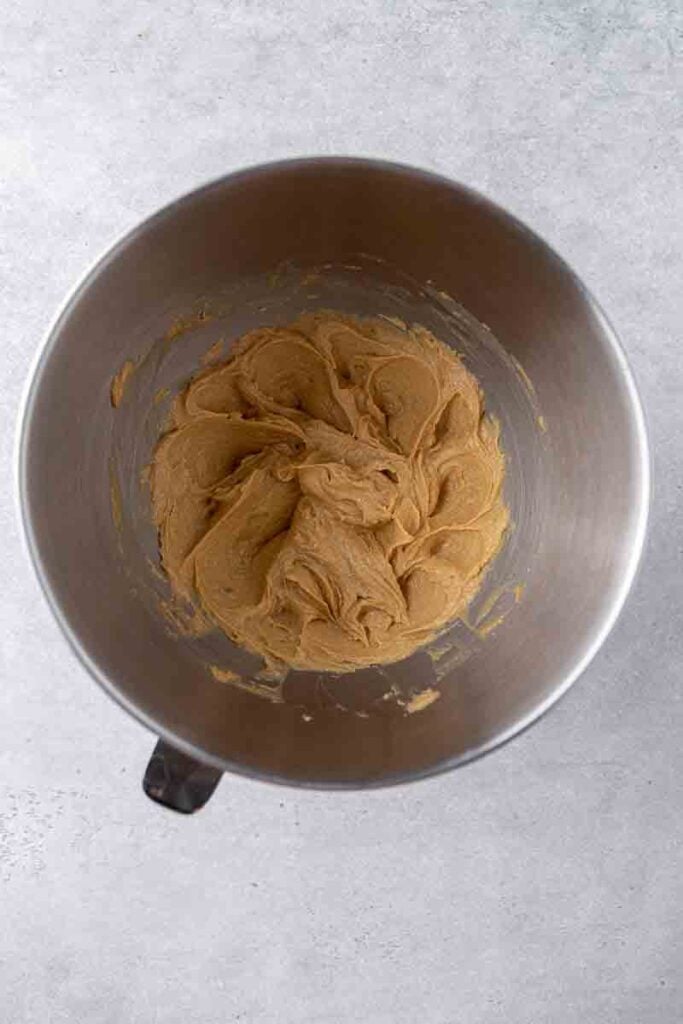 Creamed butter mixture in mixing bowl