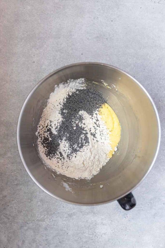 Flour and poppy seeds in mixing bowl