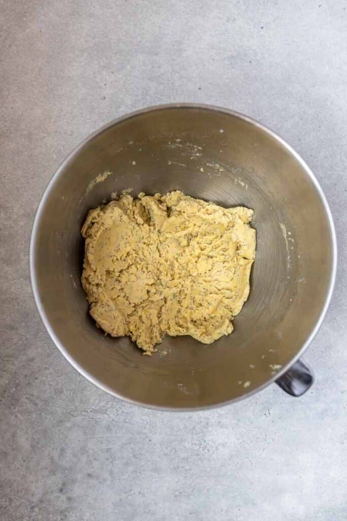 Cookie dough in stand mixer bowl