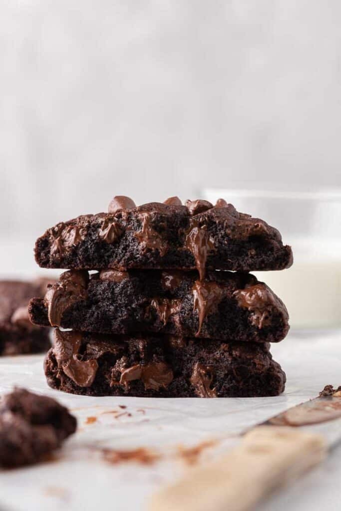 Stack of double chocolate chip cookies