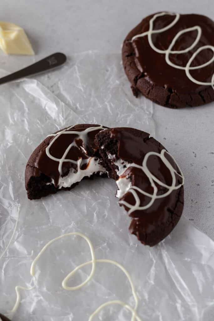 Marshmallow chocolate cookie broken in half