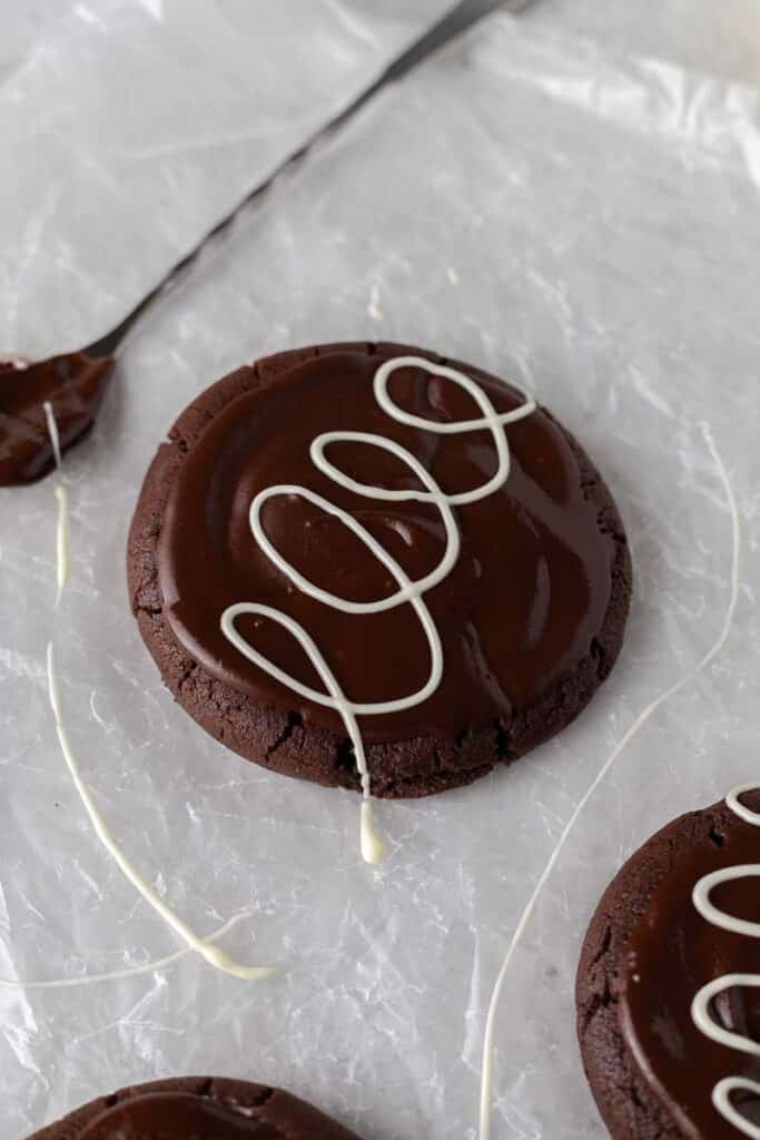 Chocolate ganache brownie cookie with hostess design on top