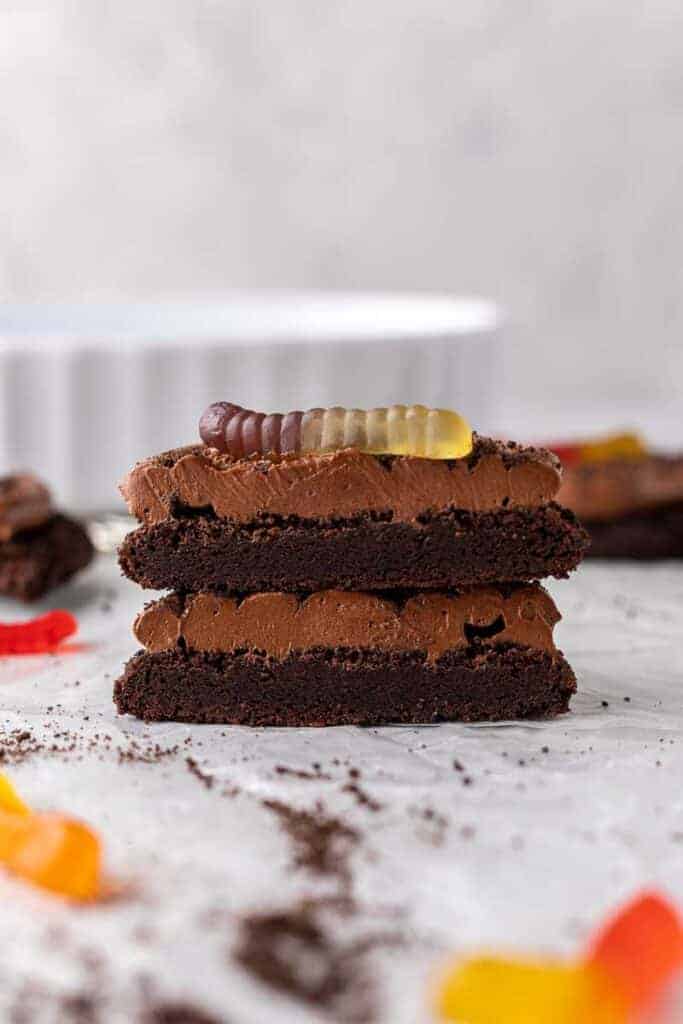 Straight on shot of dirt cake cookies cut in half