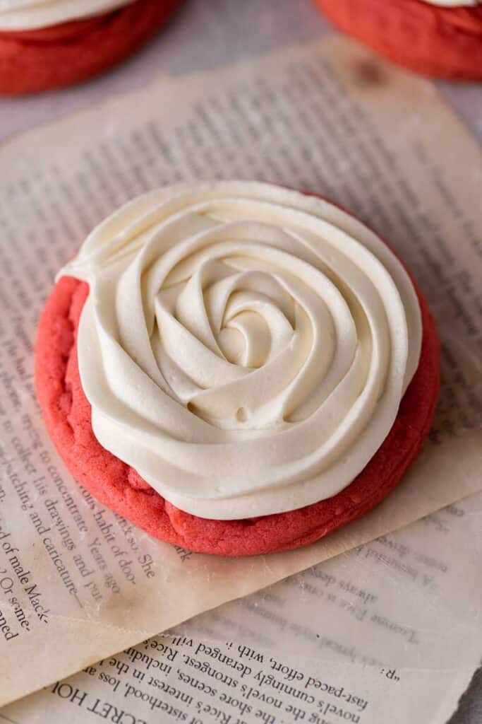 Cream cheese frosted pink velvet cookies