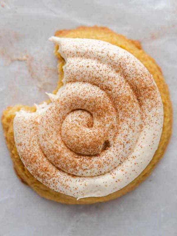 Overhead shot of Crumbl caramel pumpkin cookies.