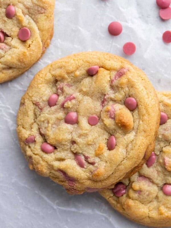 Overhead shot of thick ruby chocolate chip cookies