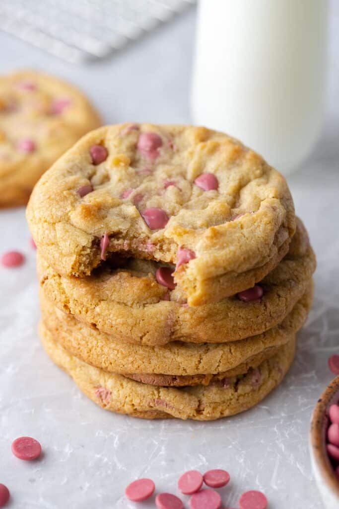 Stack of Crumbl ruby chocolate chip cookies