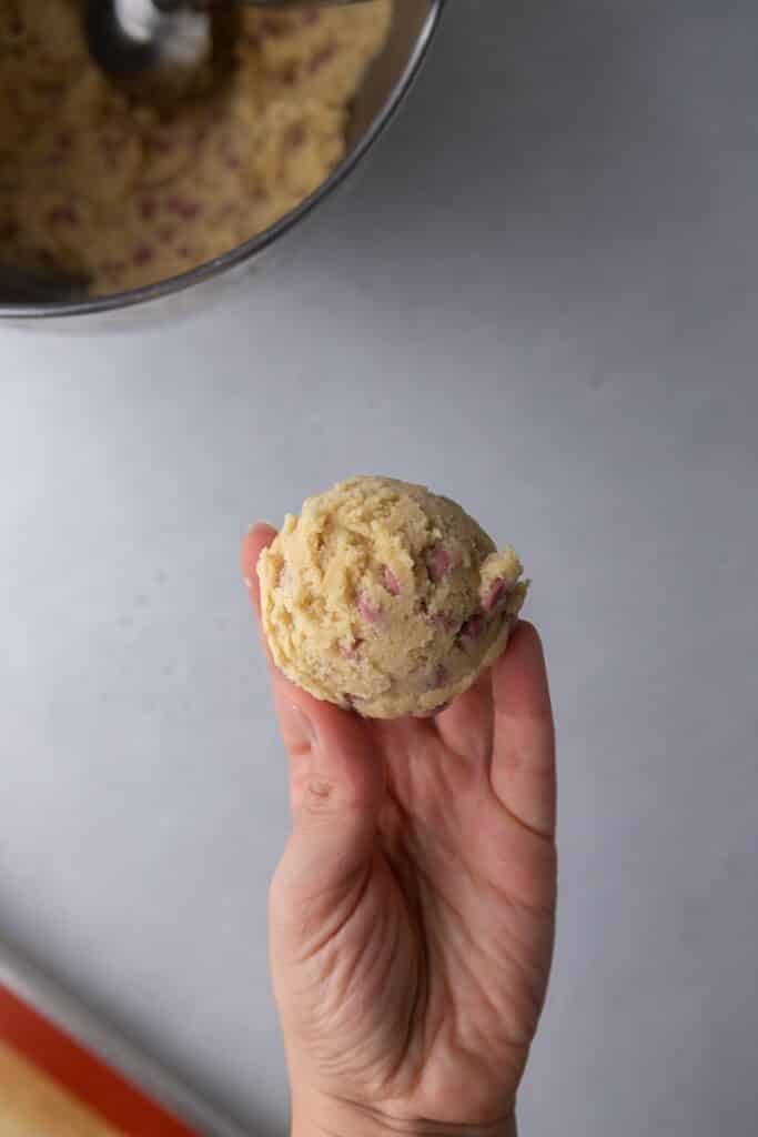 Hand holding cookie dough