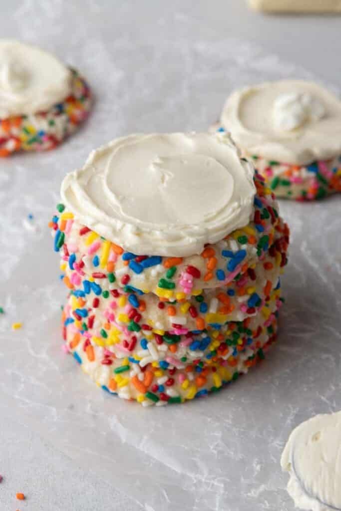 Crumbl funfetti cookie stack with buttercream